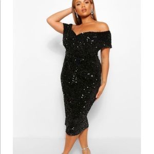 NWT Black Sequins Off the Shoulder Midi Dress